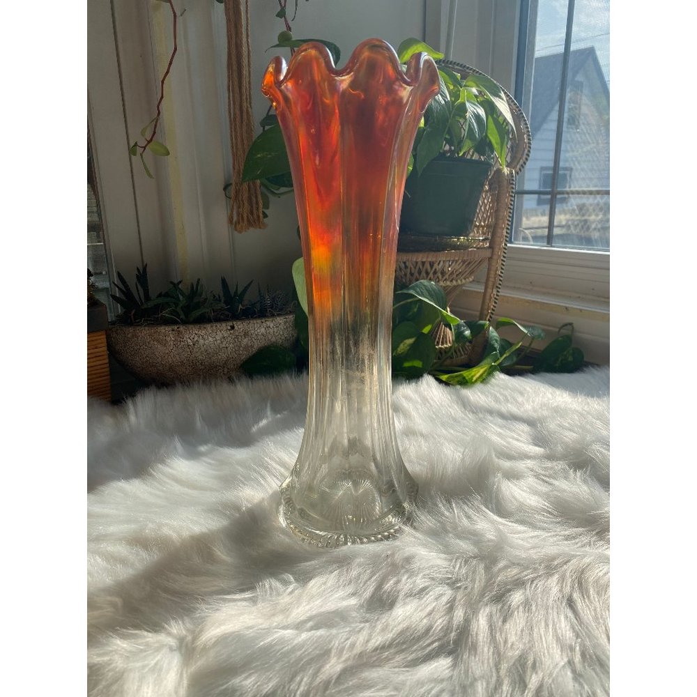 Carnival glass iridescent Orange large 13” swung/ripple/wave vase